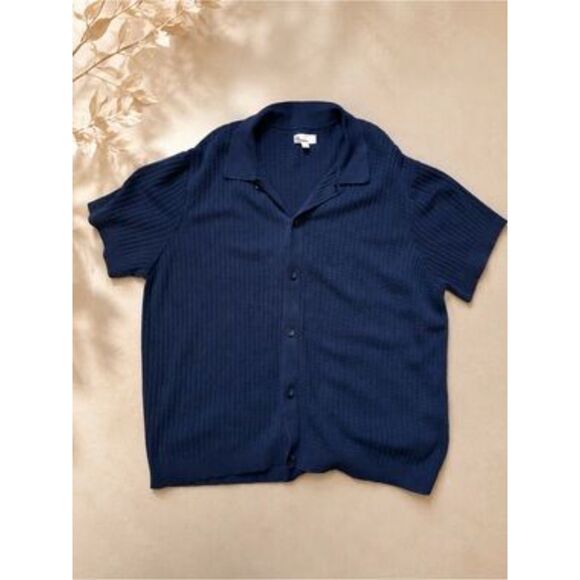 The Commons Other - The Commons Textured Knit Button Front Polo Shirt Navy Blue Cotton XXL